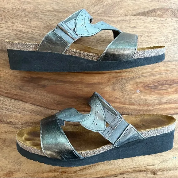 NAOT Kimberly silver bronze metallic women’s slide sandals with cork footbed
