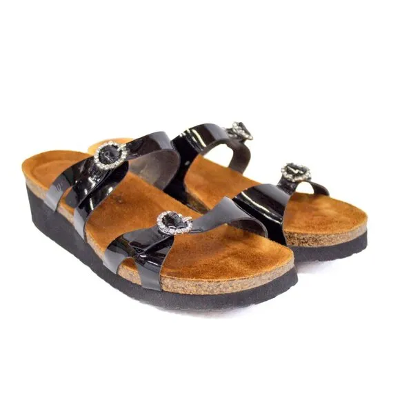 NAOT Sandals Women's Black Patent Leather Rhinestone Buckle Size 39 US 8.5