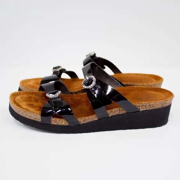 NAOT Sandals Women's Black Patent Leather Rhinestone Buckle Size 39 US 8.5