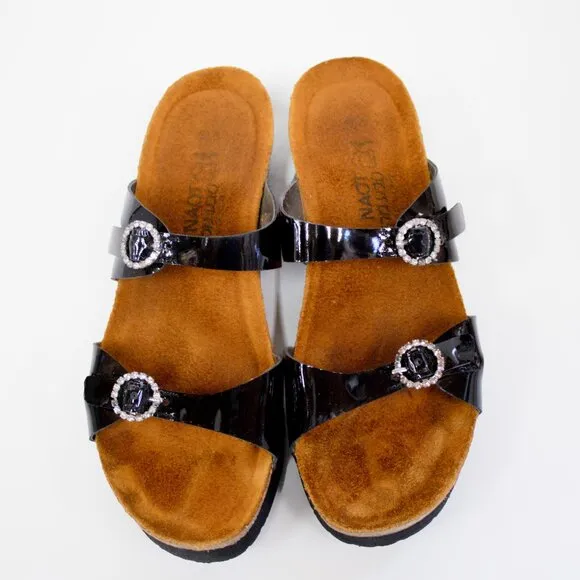 NAOT Sandals Women's Black Patent Leather Rhinestone Buckle Size 39 US 8.5