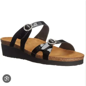 NAOT Sandals Women's Black Patent Leather Rhinestone Buckle Size 39 US 8.5
