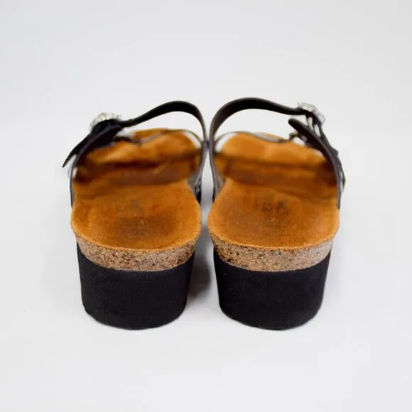 NAOT Sandals Women's Black Patent Leather Rhinestone Buckle Size 39 US 8.5