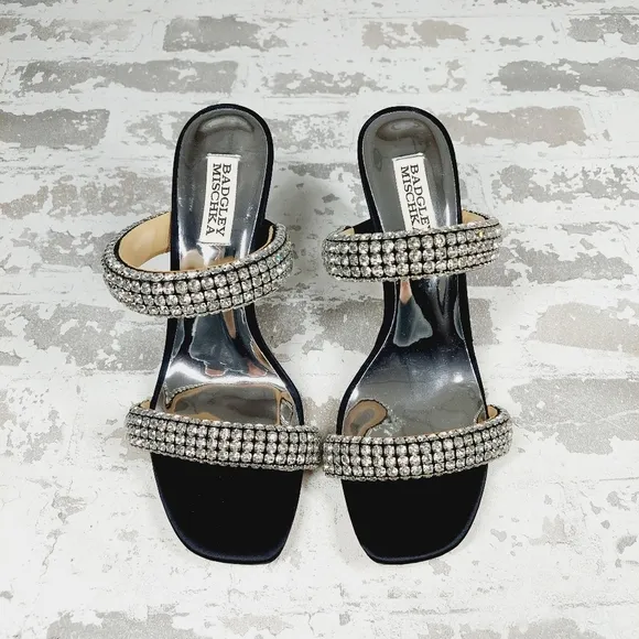 NEW Badgley Mischka Sade Black Rhinestone Heeled Summer Sandals A940