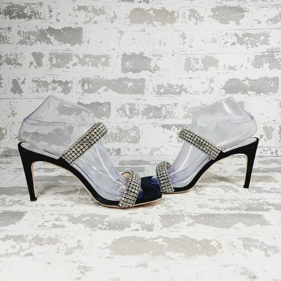 NEW Badgley Mischka Sade Black Rhinestone Heeled Summer Sandals A940