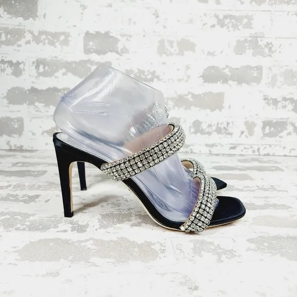NEW Badgley Mischka Sade Black Rhinestone Heeled Summer Sandals A940