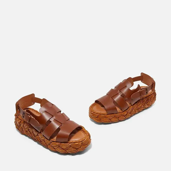 NEW CLERGERIE Women Brown RAFFIA/LEATHER Aurel Platform Slingback Sandals US 6.5