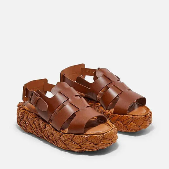 NEW CLERGERIE Women Brown RAFFIA/LEATHER Aurel Platform Slingback Sandals US 6.5