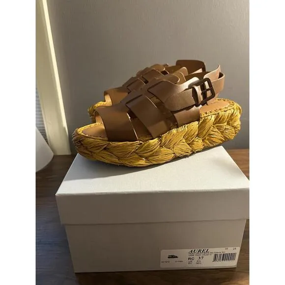 NEW CLERGERIE Women Brown RAFFIA/LEATHER Aurel Platform Slingback Sandals US 6.5