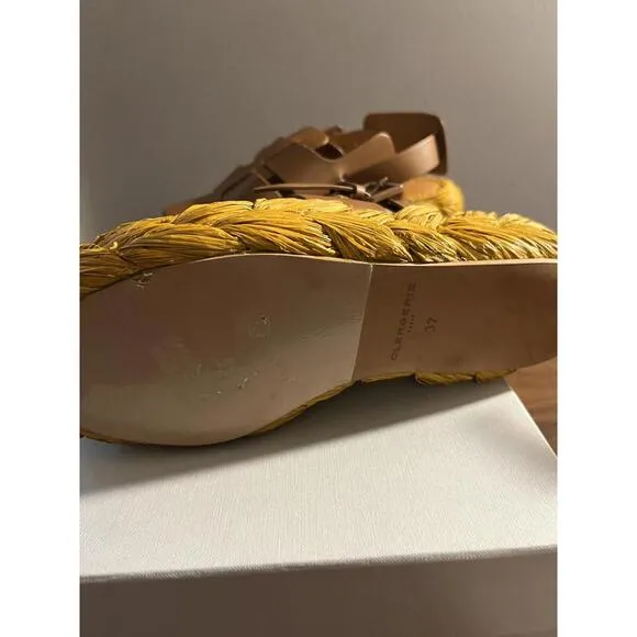 NEW CLERGERIE Women Brown RAFFIA/LEATHER Aurel Platform Slingback Sandals US 6.5