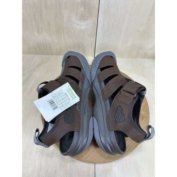 NEW Crocs Yukon Fisherman Brown Leather Closed Toe Sandals Mens Size 10