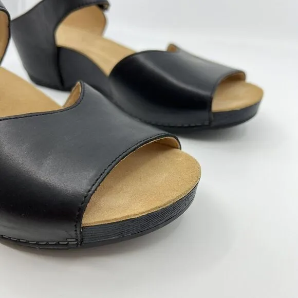 NEW DANSKO Tracy BLACK LEATHER COMFORT‎ PEEP TOE SANDALS WOMEN 42 11.5-12