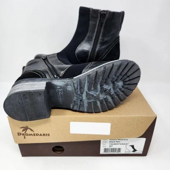 New Dromedaris Womens Kassia Boots Black Leather Neoprene Size EU 37 US 6.5-7