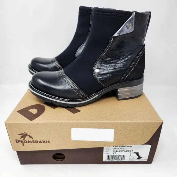 New Dromedaris Womens Kassia Boots Black Leather Neoprene Size EU 37 US 6.5-7