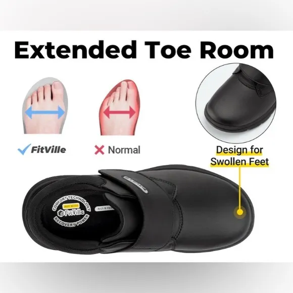 NEW- FitVille Men's EasyTop Deluxe Dress Shoes V4. Wide Width. Black. Size 9.5W