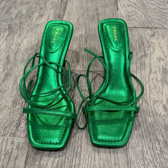 New Frame green Le Ozzie Metallic Ankle-Tie Sandals