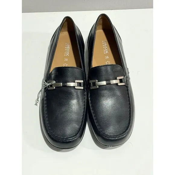 New Geox Respira Boy's  Black Leather Loafers Sz 38 (US 7.5) Casual Dress Preppy