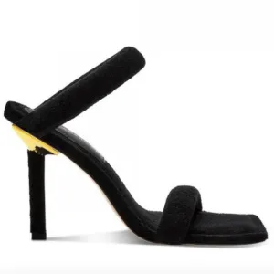 New Good American Terry Square Toe Strappy Heeled Sandals In Black Gold Size 7
