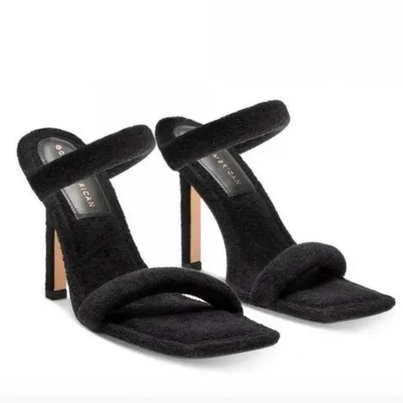 New Good American Terry Square Toe Strappy Heeled Sandals In Black Gold Size 7