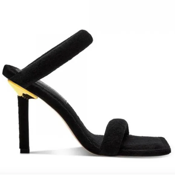 New Good American Terry Square Toe Strappy Heeled Sandals In Black Gold Size 7
