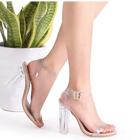 🌷New Just Fab JF Hanna Open Toe Chunky Heel Ankle Strap Clear Sandals sz.7