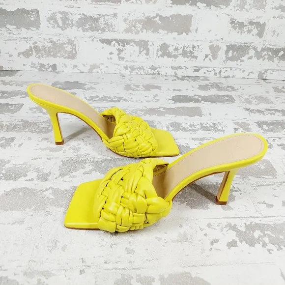 NEW Marc Fisher Draya Yellow Braided Leather Square Toe Slide Heel Sandals M1019