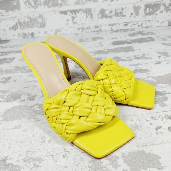 NEW Marc Fisher Draya Yellow Braided Leather Square Toe Slide Heel Sandals M1019