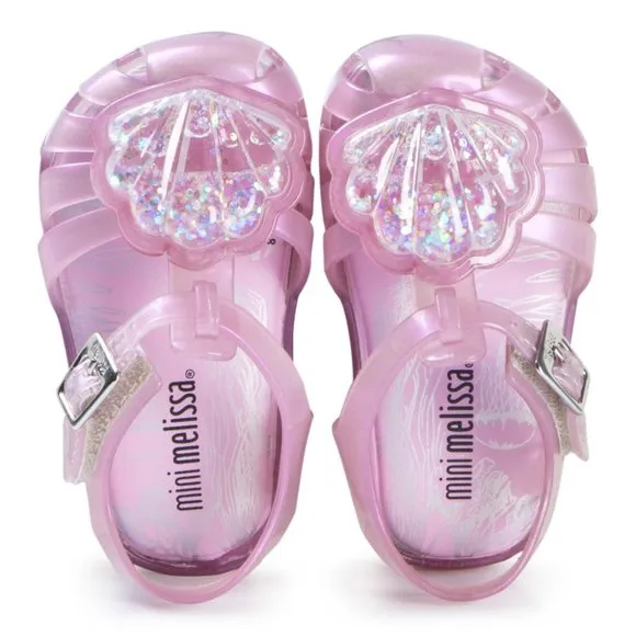 NEW MINI MELISSA Kid Aranha Pink Pearlescent Seashell Shine Closed Toe Fisherman