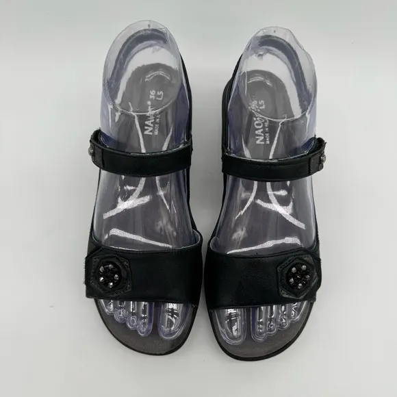 New NAOT Reserve Black Leather Adjustable Sandals Flower Size EU 36/US 5-5.5