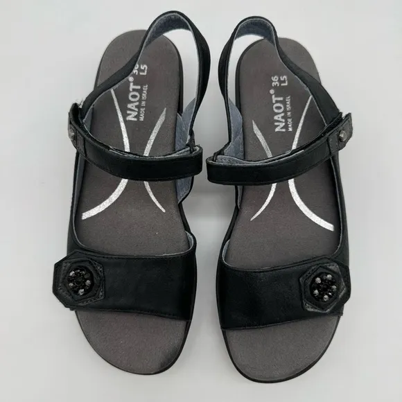 New NAOT Reserve Black Leather Adjustable Sandals Flower Size EU 36/US 5-5.5