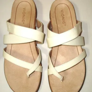 New NIB Womens 11 Vionic Cream Beige Sandals Anelle Embossed Adjustable Thong