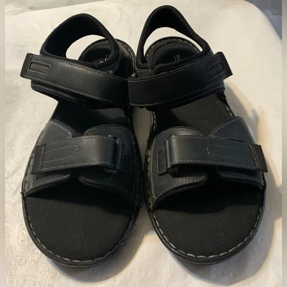 NEW ROCKPORT MEN’S DARWYN QUARTER-STRAP Black Leather Sandal, 13. NWOB