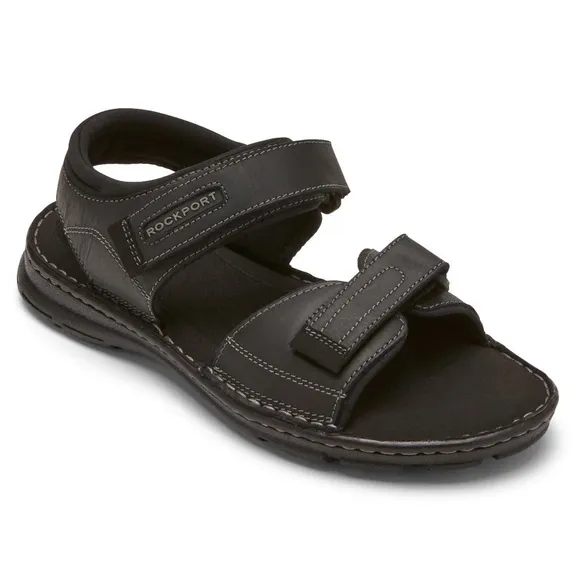 NEW ROCKPORT MEN’S DARWYN QUARTER-STRAP Black Leather Sandal, 13. NWOB