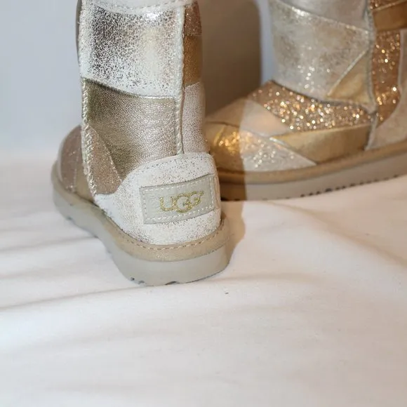 NEW UGG LEATHER PATCHWORK BOOTS TODDLER GIRLS GOLD 7‎