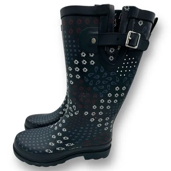 New Western Chief Womens Pretty Pattern Printed Tall Rain Boots Navy Blue Size 6