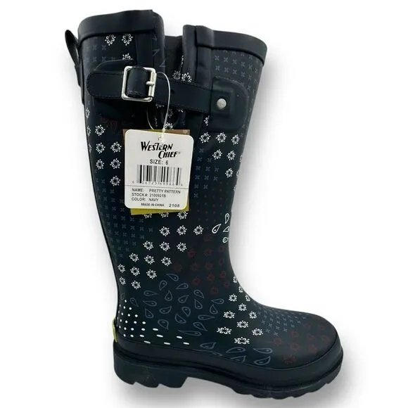 New Western Chief Womens Pretty Pattern Printed Tall Rain Boots Navy Blue Size 6