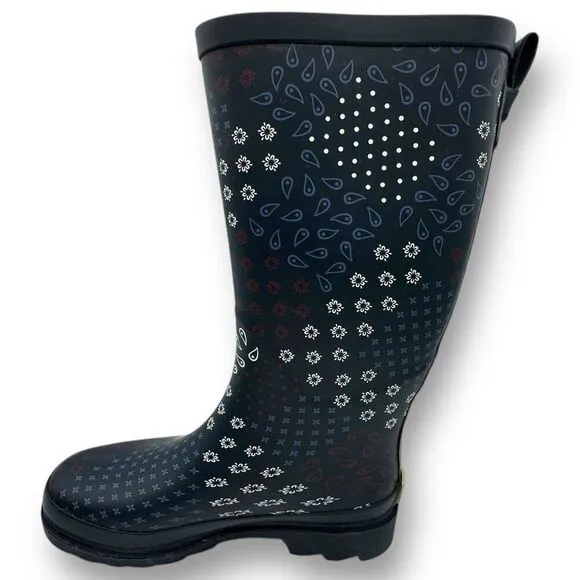 New Western Chief Womens Pretty Pattern Printed Tall Rain Boots Navy Blue Size 6