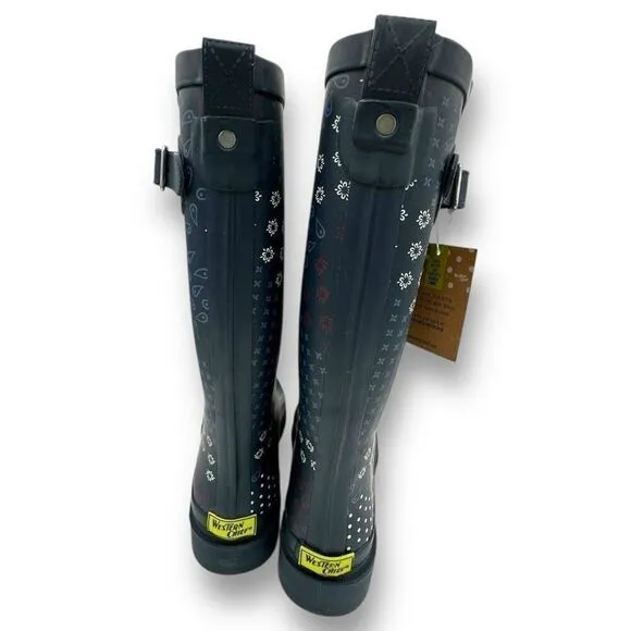 New Western Chief Womens Pretty Pattern Printed Tall Rain Boots Navy Blue Size 6