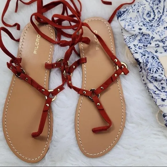 New🌟Anthropologie Pilcro Harness Tie Up Sandals Gladiator Leather-Red
