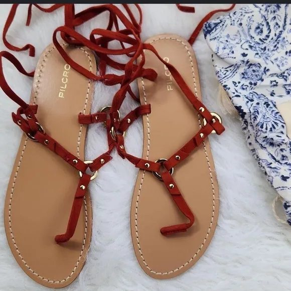 New🌟Anthropologie Pilcro Harness Tie Up Sandals Gladiator Leather-Red