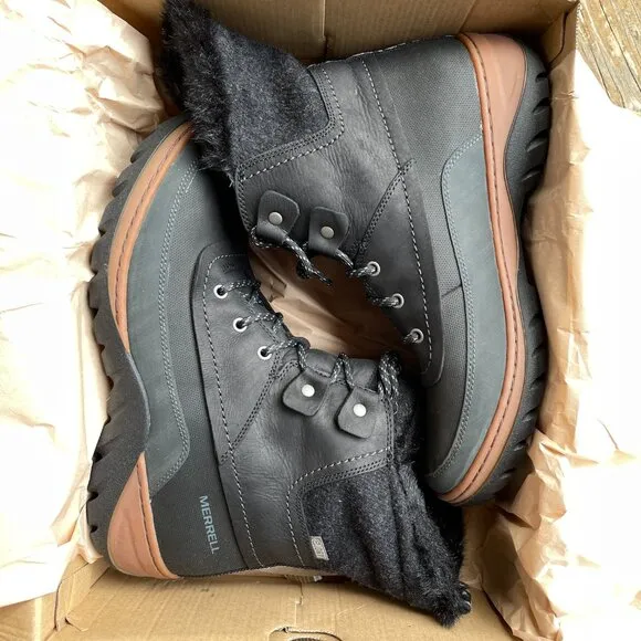 NIB Merrell Slyva Mid Lace Waterproof Black Leather Boots - Women's 11