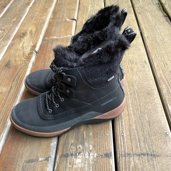 NIB Merrell Slyva Mid Lace Waterproof Black Leather Boots - Women's 11