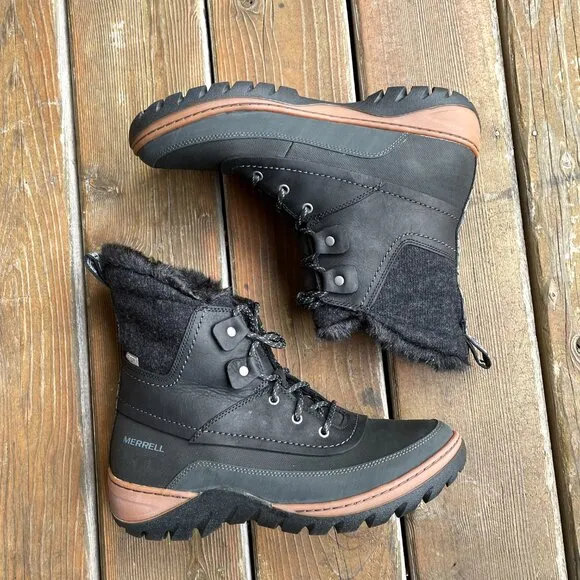NIB Merrell Slyva Mid Lace Waterproof Black Leather Boots - Women's 11
