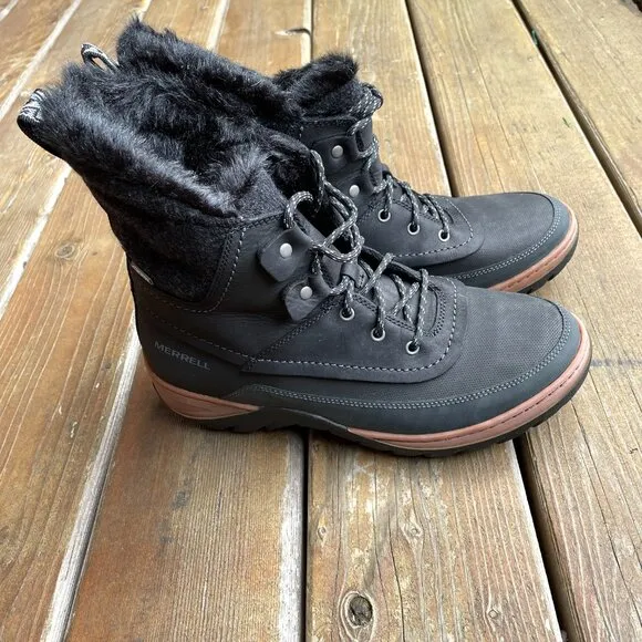 NIB Merrell Slyva Mid Lace Waterproof Black Leather Boots - Women's 11