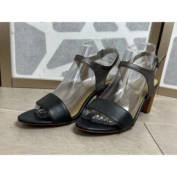 Nina payne Leonor Block Heel Wool Sandals Black Leather 37 Us 6.5 7