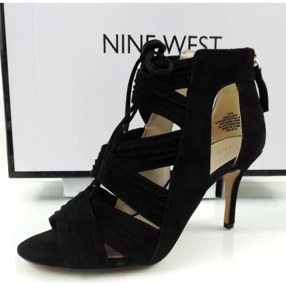 Nine West GALAXY Peep-Toe Lace-up Mid Heel Sandals Back Zip Suede Black Size 7.5