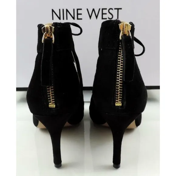 Nine West GALAXY Peep-Toe Lace-up Mid Heel Sandals Back Zip Suede Black Size 7.5