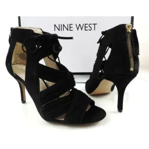 Nine West GALAXY Peep-Toe Lace-up Mid Heel Sandals Back Zip Suede Black Size 7.5