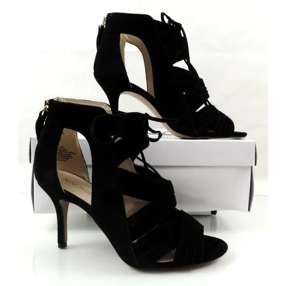 Nine West GALAXY Peep-Toe Lace-up Mid Heel Sandals Back Zip Suede Black Size 7.5