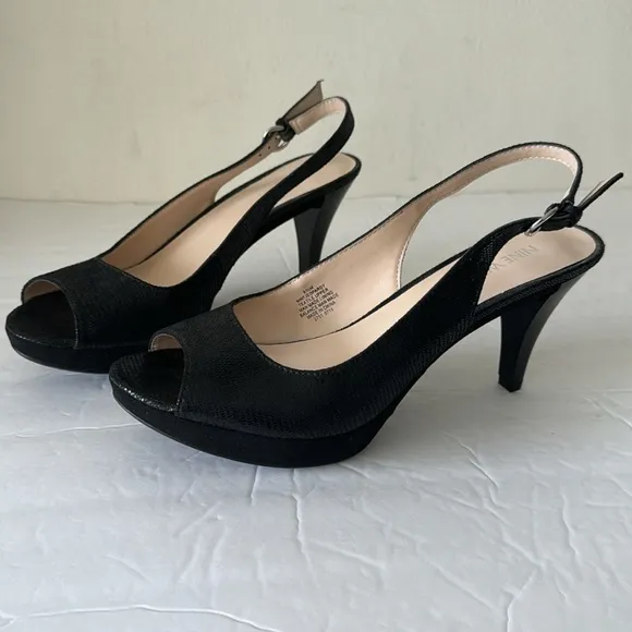 Nine West Jeopardy Peep Toe Slingback Pumps Sandals Heels Black 8.5