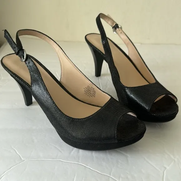 Nine West Jeopardy Peep Toe Slingback Pumps Sandals Heels Black 8.5
